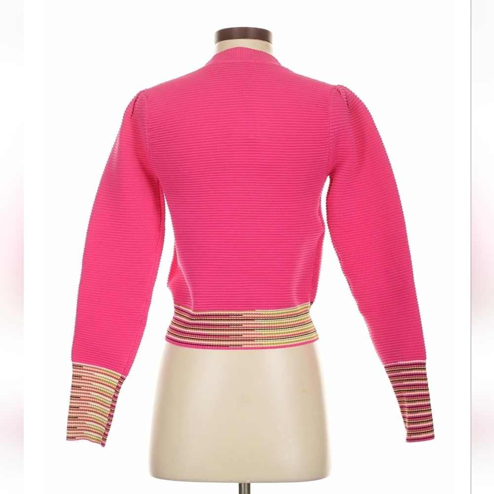 Story Pink Cropped Cardigan Puff Sleeves Striped Waist XS NWT - Picture 4 of 8